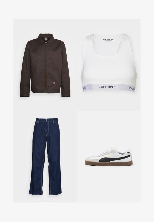 Brązowa kurtka na zamek z kołnierzem, kieszeniami po bokach i małą naszywką z logo. Wykonana z mocnej tkaniny, z długimi rękawami.; Biały sportowy stanik z gładkiego materiału, z tylnym krojem typu racerback oraz szarym elastycznym paskiem z logo Carhartt w kolorze czarnym. Rozmiar mały.; Ciemnoniebieskie dżinsy o szerokich nogawkach, z wysokim stanem, przednimi kieszeniami i kontrastowym białym przeszyciem wzdłuż szwów.; Białe skórzane trampki z czarnym zamszowym akcentem, okrągły czubek, płaska brązowa gumowa podeszwa oraz tłoczone złote logo na boku. Sznurowadła i wyściełany kołnierz.