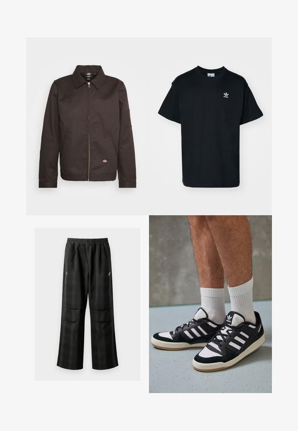Rjava jakna z zadrgo in ovratnikom, stranskimi žepi in majhnim logotipom. Narejena iz trpežnega materiala, ima dolge rokave.; Črna bombažna majica s kratkimi rokavi in krožno ovratnikom, z majhnim belim logotipom Adidas na levem prsnem delu.; Črne karirane hlače z elastičnim pasom, dvema sprednjima žepoma in ohlapnim krojem s pravimi nogavicami. Narejene so iz lahke tkanine.; Črno-bele superge z zgornjim delom iz usnja in nubuka, ki imajo tri bele črte, perforiran vrh prstov in podplat iz gume.