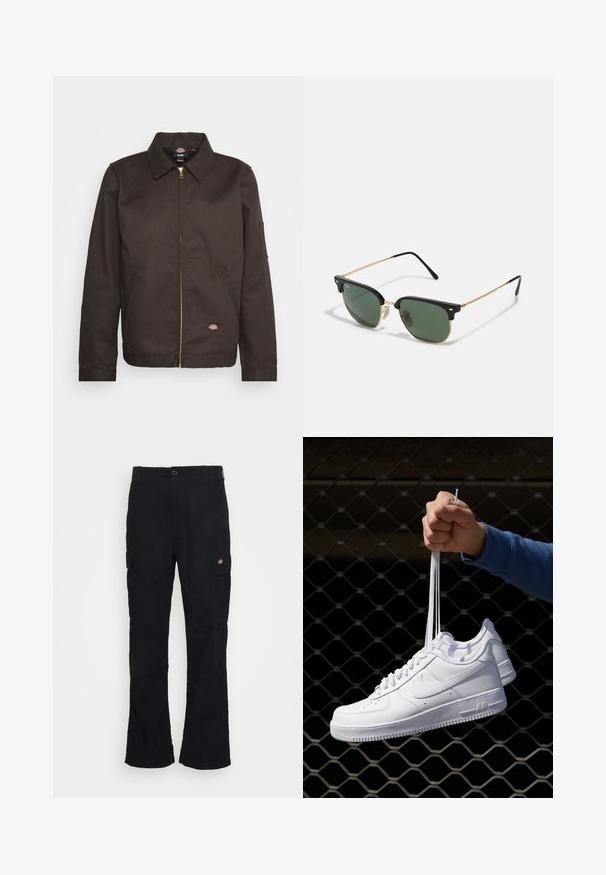 Smeđi jakna na zatvarač s ovratnikom, bočnim džepovima i malim logotipom. Izrađena od čvrstog materijala, s dugim rukavima.; Bijela pamučna majica s kratkim rukavima, zaobljenim izrezom, opuštenog kroja, bez vidljivih logotipa ili uzoraka. Glatka tekstura i minimalni dizajn.; Crne cargo hlače s ravnim krojem, napravljene od izdržljive tkanine, sa bočnim džepovima i aplikacijom logotipa na lijevoj strani.; Bijele kožne tenisice s perforacijama, okruglim vrhom, ravnim potplatom i debelim vezicama, s vidljivim swoosh logom i natpisom "AIR" na peti.; Naočale za sunce s zelenim lećama, crnim plastičnim gornjim okvirom, zlatnim metalnim detaljima i vitkim crnim krakovima. Sadrže karakterističan dizajn nosa.