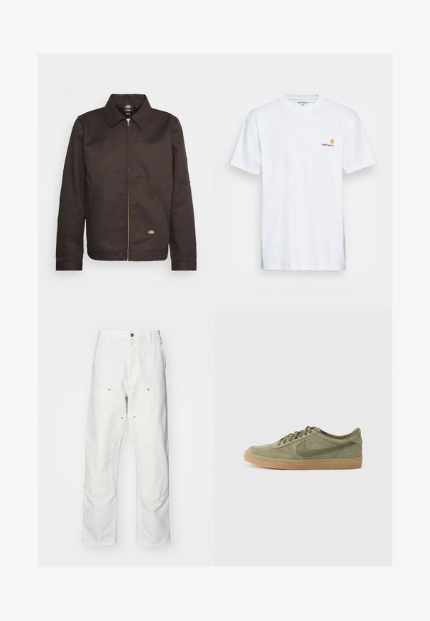 Brown zip-up jacket with a collared neckline, side pockets, and a small logo patch. Made of sturdy fabric, featuring long sleeves.; White cotton t-shirt with short sleeves. Designed with a small orange and maroon logo on the left chest. Features a classic crew neck.; White cotton cargo pants with a relaxed fit. Features include front pockets, gold hardware accents, and reinforced knee sections.; Green suede sneaker with a gum rubber sole, round toe, and lace-up design. Features Nike's signature logo in a darker green.