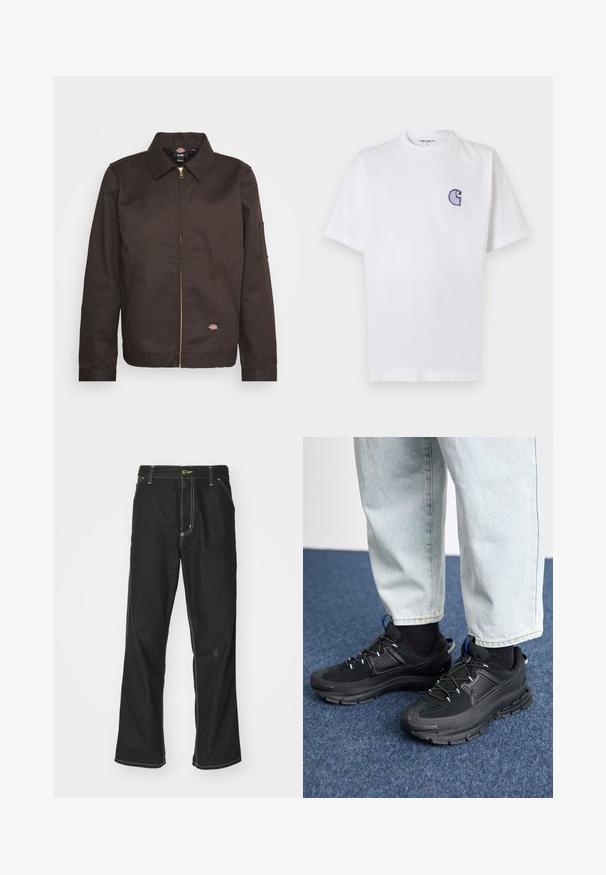 Casaco castanho com fecho éclair, gola, bolsos laterais e um pequeno logótipo. Feito de um tecido resistente, apresenta mangas longas.; T-shirt branca de algodão com mangas curtas, decote redondo e um pequeno logotipo azul "C" bordado no lado esquerdo do peito.; Calças de ganga pretas de corte largo, com costuras brancas em contraste, fecho de botão e design de perna reta.; Sapatilhas desportivas pretas com tecido texturizado e solas em borracha, apresentando atacadores elásticos e um detalhe azul no calcanhar. Usadas com calças de ganga claras.