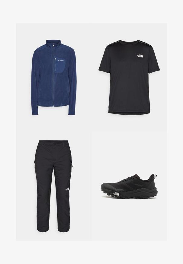 Granatowa bluza polarowa z wysokim kołnierzem, pełnym zamkiem błyskawicznym i kieszenią na lewej piersi. Charakteryzuje się miękką teksturą oraz logo Columbii na klatce piersiowej.; Czarny t-shirt z krótkim rękawem, wykonany z lekkiego materiału. Posiada małe białe logo na lewej piersi oraz subtelne akcenty na ramionach.; The North Face WINTER EXPLORATION czarny; Czarne buty do biegania w terenie z teksturowaną cholewką, gumową podeszwą i wzmocnionym noskiem. Posiadają wyściełany kołnierz oraz uchwyt do łatwego zakładania.
