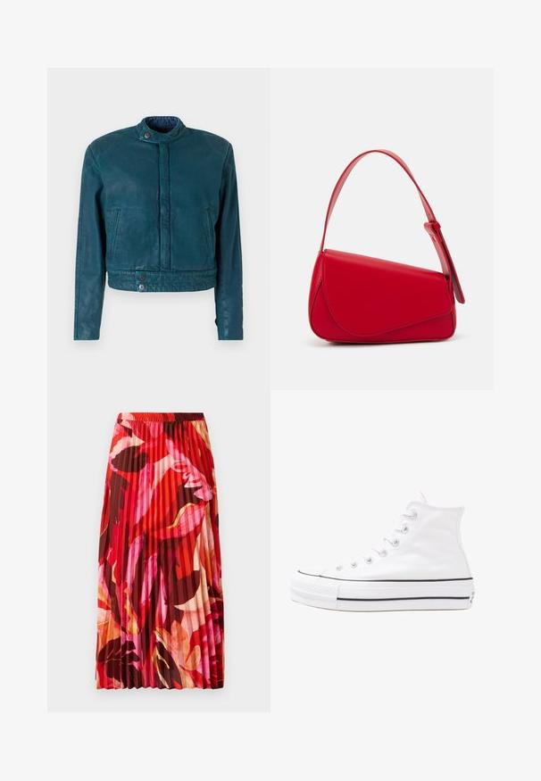 Teal leren korte jas met staand kraag, voorste drukknoopsluiting en twee zijzakken. Heeft een gladde textuur en een minimalistisch ontwerp.; Bloes met bloemenprint en lange pofmouwen, lichte crème basis, met paarse, oranje en groene bloemmotieven, en een klassiek kraagontwerp.; Geplooide maxi-jurk in een levendig rood, roze en bruin bloemmotief. De elastische tailleband en de gladde textuur verhogen het comfort en de stijl.; Witte high-top canvas sneakers met een zwarte rubberen zool, een rubberen neuskap aan de voorkant en zes gaatjes voor veters, met een schone, minimalistische uitstraling.; Rode leren handtas met een hoekig, geometrisch ontwerp. Beschikt over een enkele verstelbare schouderriem en een klepclosure met gestikte details.