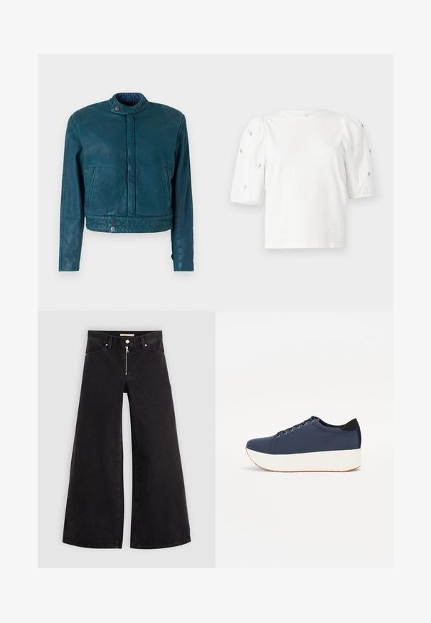 Turkoosi nahkainen lyhyt takki, jossa on pystykaulus, etunapitus ja kaksi sivutaskua. Sisältää sileän pinnan ja minimalistisen muotoilun.; Valkoinen puuvillainen t-paita lyhyillä puffihihnoilla, joissa on pieniä hopeisia koristeita hihojen varrella. Klassinen pyöreä kaula-aukko, rento malli.; Mustat leveälahkeiset farkut, joissa on vetoketjufrunti, viisi-taskuinen muotoilu ja hienovaraiset ompelusyyt. Sileä pinta ja rento tyyli.; Sotilaspunainen tennari, jossa on teksturoitu kangasyläosa, valkoinen alustan pohja, pyöreä kärki ja musta kantapääkorostus. Varustettu kuudella nyörille tarkoitetulla reikällä.