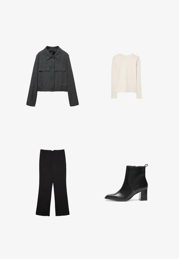 Cropped black and gray checkered jacket with a collar, two front pockets, and button closure. Textured fabric with a tailored design.; Light beige long-sleeve top made of soft fabric, featuring a round neck and a relaxed fit with straight hem and minimal stitching detail.; Black trousers with a straight fit, featuring front pockets and side slits at the hem. Made of soft, smooth fabric. Suitable for various occasions.; Black leather ankle boot with a rounded toe, a mid-height block heel, and a pull tab at the back. Smooth texture, minimal design.