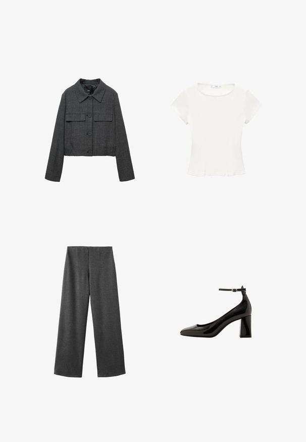 Giacca a quadri nera e grigia, tagliata, con colletto, due tasche frontali e chiusura con bottoni. Tessuto testurizzato con design su misura.; Maglietta bianca a maniche corte con scollo rotondo, tessuto liscio, design aderente e dettagli di cucitura lungo i lati. Nessun motivo o accentuazione visibile.; Pantaloni a gamba larga realizzati in tessuto grigio scuro con una texture liscia. Presentano una vita media e nessuna chiusura o decorazioni visibili.; Décolleté neri in vernice con cinturino alla caviglia, finitura lucida, punta affusolata e tacco a blocco spesso. Texture liscia, dettagli minimi.
