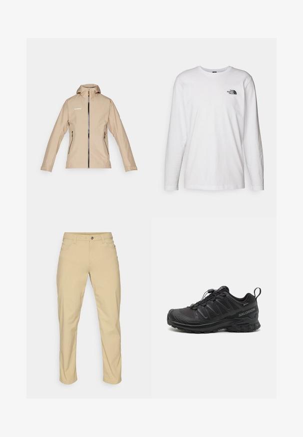 Chaqueta impermeable beige con cremallera frontal, capucha ajustable, dos bolsillos laterales y detalles en negro. Presenta un logo en la parte superior.; Camiseta de manga larga blanca de algodón con cuello redondo. Presenta un pequeño logotipo negro en el pecho. Textura suave, corte regular.; Patagonia QUANDARY PANTS - Pantalones montañeros largos - classic tan; Zapatilla deportiva negra con parte superior sintética texturizada, suela acolchada y sistema de lazado rápido. Cuenta con puntera y talón reforzados.