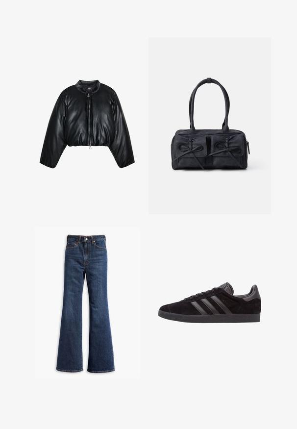 Zign Studio - Kurtka zimowa; Bluzka z marszczeniami w kratkę w kolorach czarnym, białym i beżowym. Falbaniasty dekolt i mankiety, długie rękawy, krótki krój.; Jeansy z wysokim stanem w ciemnoniebieskim kolorze, z rozszerzanymi nogawkami, zapinane na guzik i zamek, z pięcioma kieszeniami.; Czarne zamszowe sneakersy z teksturowanymi gumowymi podeszwami, z trzema czarnymi skórzanymi paskami, okrągłym noskiem i wyściełanym kołnierzem wokół kostki.; Czarna torba z materiału z dwoma przednimi kieszeniami z detalami w kształcie kokardek, podwójnymi uchwytami i zapięciem na zamek. Miękka struktura i prostokątny kształt.