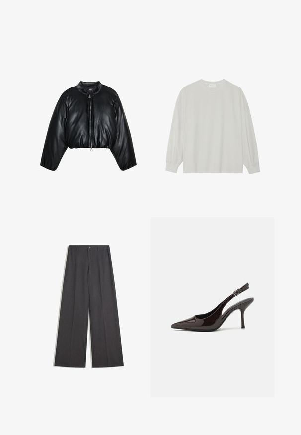 Zign Studio Talvitakki - black; Harmaa pitkähihais t-paita, joka on valmistettu pehmeästä puuvillasta. Ominaisuuksiin kuuluvat rento istuvuus, pyöreä kaula-aukko ja hienosti rypytetyt hihansuut. Ei kuvioita tai grafiikkaa.; Suurilla lahkeilla tummanharmaista kankaasta valmistetut housut, joissa on nappisuljenta, vyölenkit ja sileä pinta, joka on muotoiltu tyylikkääksi.; Korkokenkät tummanruskeasta kiiltävästä patenttinnahasta, teräväkärkiset, avoimet sivut ja säädettävä nilkkaremmi.