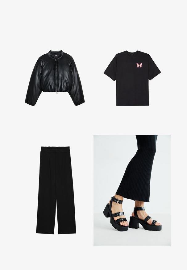 Zign Studio Vinterjakker - black; Sort bomulds T-shirt med korte ærmer, prydet med en lille pink sommerfugl grafik på venstre bryst. Rund hals design med en afslappet pasform.; Sorte brede bukser med en rynket talje, der har to sidelommer og et glat, let stof. Ingen synlige mønstre eller hardware.; Sorte platfromsandaler med kraftige, skridsikre såler og flere stropper, der har metalspænder og en glat læderlignende tekstur.