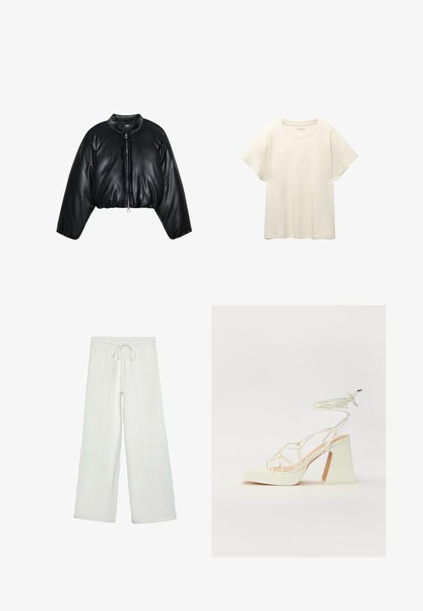 Zign Studio Zimska jakna - black; Svijetlo bež majica kratkih rukava s okruglim izrezom, izrađena od meke, glatke tkanine. Karakterizira je opušteni kroj i ravni rub.; Bijele hlače širokog kroja od mekog materijala. Imaju elastični pojas s vezicom i glatku teksturu. Nema vidljivih uzoraka ili metalnih dijelova.; Bijela sandala na visokoj potpetici s debelim petom, s remenom i vezanjem oko gležnja. Glatka tekstura s platformom sprijeda za dodatnu visinu.