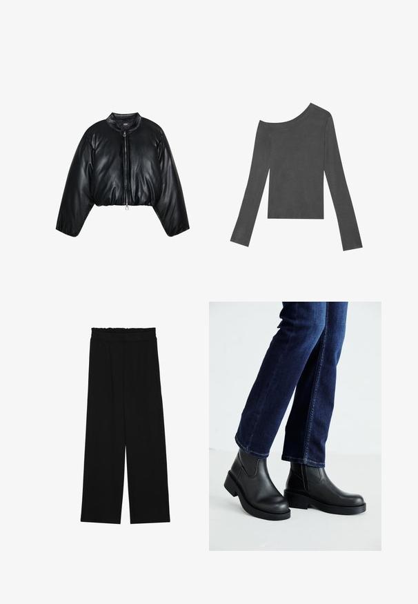 Zign Studio Zimná bunda - black; Sivý, dlhý rukáv top s off-shoulder dizajnom. Vyrobený z mäkkej tkaniny s hladkou textúrou a priamym lemom.; Čierne široké nohavice s volánovým pásom, obsahujúce dve bočné vrecká a hladký, ľahký materiál. Žiadne viditeľné vzory ani kovové príslušenstvo.; Čierne kožené členkové čižmy s robustnou podrážkou a bočnými elastickými panelmi, skombinované s tmavomodrými džínami. Pôda je svetlá.