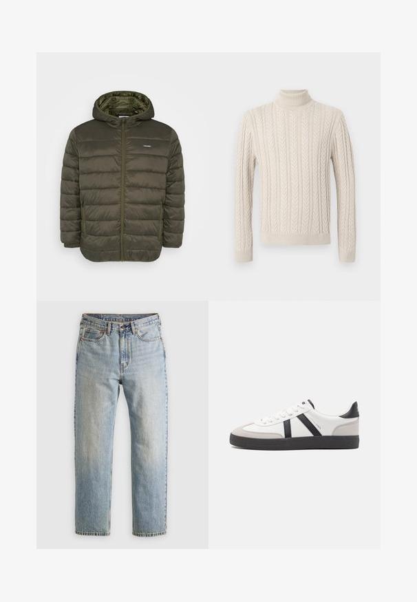 Olive green puffer jacket with a hood, featuring a zip front, horizontal stitched pattern, and two side pockets. Smooth, lightweight material.; Beige, knitted sweater with a high, ribbed turtleneck. Features a textured cable pattern and ribbed cuffs and hem, offering a cozy appearance.; Light blue denim jeans with high waist, front button, zipper, and five-pocket design, laid flat on a neutral background.; White sneaker with black and gray accents, featuring a textured gray toe cap, black rubber sole, and flat white laces. Clean design, minimalist style.