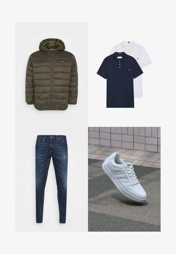 Olive green puffer jacket with a hood, featuring a zip front, horizontal stitched pattern, and two side pockets. Smooth, lightweight material.; Two polo shirts: one navy blue and one white, both with a small red, white, and blue accent on the chest pocket and collar.; Dark blue denim jeans with a slim fit, subtle fade, five pockets, and a metal button closure. Stitched accents in contrasting color.; White athletic sneaker with smooth leather upper, lace-up front, perforated toe, and patterned sole. Minimalist design with three side stripes.