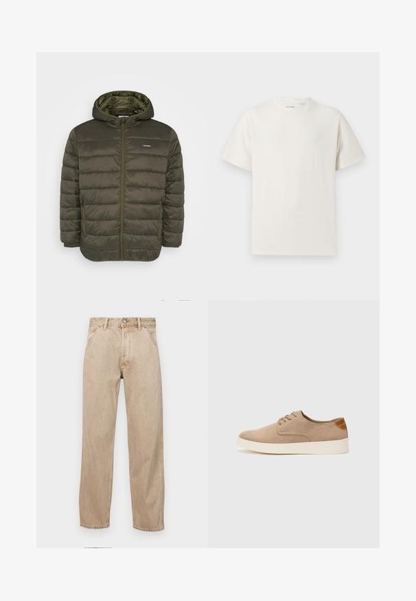 Geacă puf olive cu glugă, cu fermoar pe față, model cu cusături orizontale și două buzunare laterale. Material neted și ușor.; Tricou alb cu maneci scurte, dintr-un material ribbed. Guler rotund, croi lejer, fără modele sau accente vizibile. Design simplu și versatil.; Jeans din denim bej cu un design drept, care prezintă buzunare frontale, închidere cu buton metalic și o textură subtilă.; Tenisi din suede bej cu vârf rotund, sistem de șireturi în față și un accent texturat în spate. Talpa albă din cauciuc oferă un contrast. Design simplu și modern.