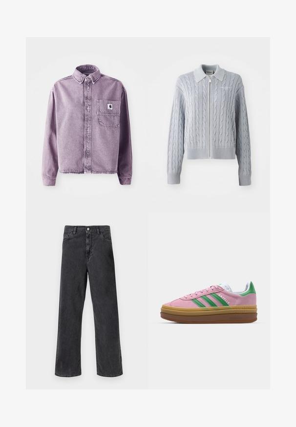 Purpursarkans džinsa krekls ar garām piedurknēm, pogām priekšpusē, apkakli un kreisajā krūtī kabatu ar zīmola logo uzlīmi. Struktūrēta auduma.; Zilās adītas jakas ar rāvējslēdzēju, apkakli, ribinātām piedurknēm un apakšmalu. Iezīmējas ar teksturētu rakstu un gludu apdari.; Divi kokvilnas topi baltā un melnā krāsā. Katram ir dziļa kakla izgriezuma forma un plānas plecu siksnas, ar gludu, mīkstu tekstūru.; Melnas džinsu bikses ar taisnu kāju griezumu, kas aprīkotas ar metāla pogu aizdari, piecām kabatām un redzamu šuvju. Vienmērīga tekstūra un mierīga krāsa.; Rozā zamša kedas ar zaļām svītrām, baltām akcentiem un brūnu gumijas zoli. Izstrādātas ar teksturētu audumu un logotipa detaļām sānos.