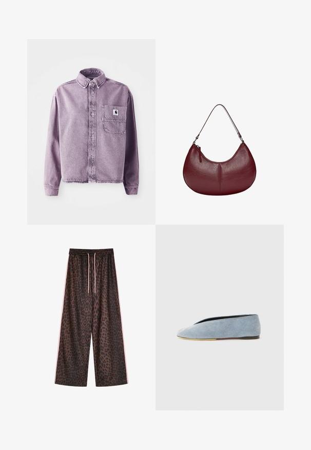 Cămașă din denim mov cu mâneci lungi, închidere cu nasturi în față, guler și buzunar pe pieptul stâng cu un patch al mărcii. Material texturat.; Top fără mâneci, de culoare albastru deschis, cu un guler rotund și un mic logo brodat în centru. Textură fină, siluetă ajustată.; Pantaloni largi cu imprimeu leopard în nuanțe de maro și negru, cu talie elastică și șnururi roz, având dungi laterale roz. Textura materialului este netedă.; Pantofle din denim de culoare albastră deschisă, cu o textură netedă, vârf în formă de migdală și talpă plată neagră. Design minimalist cu un profil jos.; Geantă de piele burgundy cu o formă curbată. Prezintă o curea de umăr unică și un fermoar superior, evidențiind o suprafață netedă, texturată.; Colier din argint cu un pandantiv oval neted, prezentând o față zâmbitoare gravată și decorată cu accente verzi. Lanțul are zale interconectate.