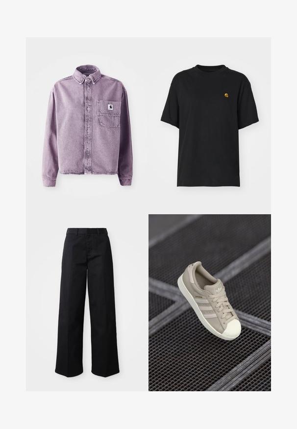 Lilla teksashirt pikkade varrukatega, nööbid ette, krae ja vasakul rinnal tasku, millel on brändi logo latter. Tekstuuriga kangas.; Must must särk lõdva lõikega. Omab ümmargust kaelust ja lühikesi varrukaid. Rinnal on väike kuldne tikandiga logo.; Mustad laiad püksid, mis on valmistatud pehmest puuvillakangast. Omab klassikalist vöökohta, küljetaskuid ja sirget lõike püksijala lõpus.; Bež Adidase Superstar tennis, mille tekstuuriga nahast ülemine osa, kolm külgmist triipu, ümmargune varbapea ning logo keele ja kontsaplaanil.