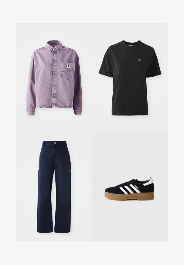 Lila Denim-Hemd mit langen Ärmeln, Knopfleiste auf der Vorderseite, Kragen und einer linken Brusttasche mit einem Markenlogo-Patch. Strukturierter Stoff.; Schwarzes Baumwoll-T-Shirt mit Rundhalsausschnitt, kurzen Ärmeln und einem kleinen herzförmigen Logo in der oberen linken Ecke. Glatte Textur, lockere Passform.; Marineblaue, weite Cargo-Hosen aus robustem Baumwollstoff, mit Seitentaschen und einem Knopfverschluss an der Taille.; Schwarzer Wildledersneaker mit weißen drei Streifen und goldfarbenem Logo. Gummisohle mit strukturiertem Grip. Klassisches Low-Top-Design, abgerundete Zehenkappe.