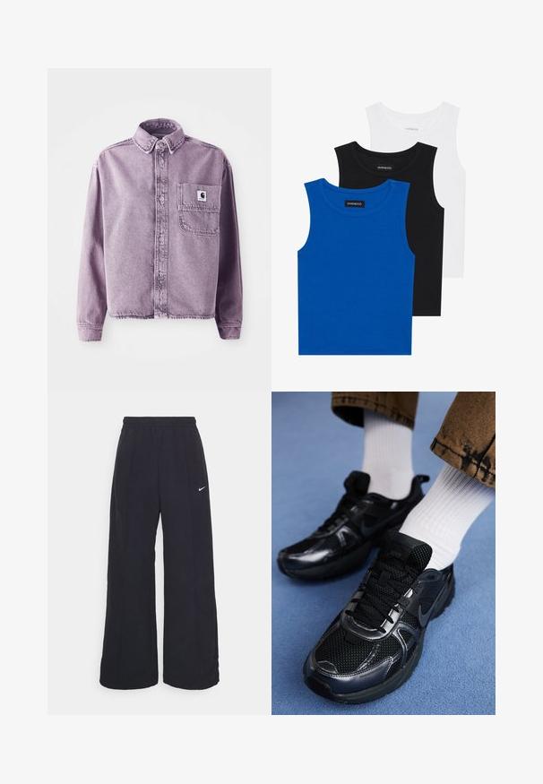 Lila denimskjorta med långa ärmar, knappstängning framtill, krage och vänster bröstficka med en varumärkeslogo. Texturerad tyg.; Tre ärmlösa tröjor i blått, svart och vitt. Tyget är ribbat med rund halsringning. Varje tröja har en etikett märkt "even&odd."; Svarta byxor med vida ben, elastisk midja och en liten vit Nike-logotyp. Tyget har en slät yta, designad för komfort och avslappnad användning.; Svarta Nike sportskor med en mesh-överdela och glansiga detaljer, svarta snörningar och en texturerad sula. Matchas med vita ribbade strumpor.