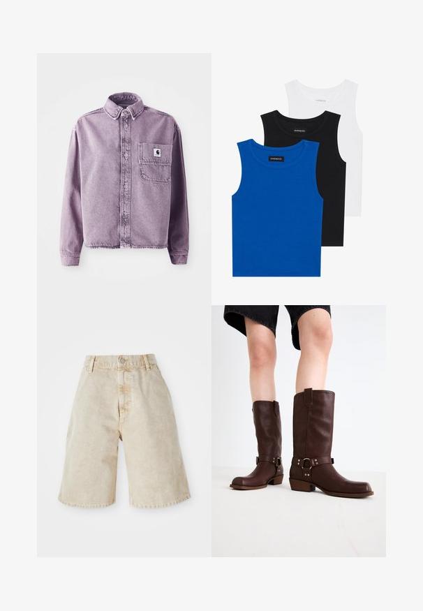 Vijolična denim srajca z dolgimi rokavi, z gumbi spredaj, ovratnikom in žepom na levem prsnem delu, ki ima logotip blagovne znamke. Teksturirana tkanina.; Tri majice bez rukavov v modri, črni in beli barvi. Tkanina je rebrasta z okroglo ovratnikom. Vsaka majica ima oznako "even&odd."; Bež jeans kratke hlače z visokim pasom, zapiranjem na gumb in sprednjimi žepi. Imajo sproščen, ohlapen kroj in rahlo raztrgane robove.; Rjave usnjene čizme do kolen s zaobljenim nosom, teksturirano površino, trakovi okoli gležnja in srebrni detajli; zasnovane s steknjenim peto.