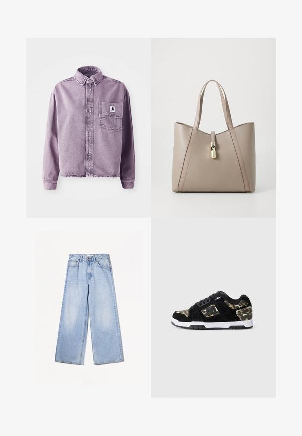 Lila farmering hosszú ujjakkal, gombos elülső résszel, gallérral és a bal mellkason lévő zsebbel, amelyen márka logo folt található. Texturált anyag.; Fekete ujjatlan felső bordás anyagból, kerek nyakkivágással, sima textúrával és egyszerű dizájnnal. Nincsenek minták vagy díszítések.; Bershka WIDE-LEG - Széles szárú - light-blue denim; Fekete velúr sportcipő kaméleon mintával az oldalon, fehér középtalppal és fekete gumi talppal. Zsinórral és logó részlettel rendelkezik az oldalon.; Beige bőrtáska, strukturált formával, arany kiegészítőkkel és kontrasztos fogantyúkkal a részletes megjelenés érdekében.