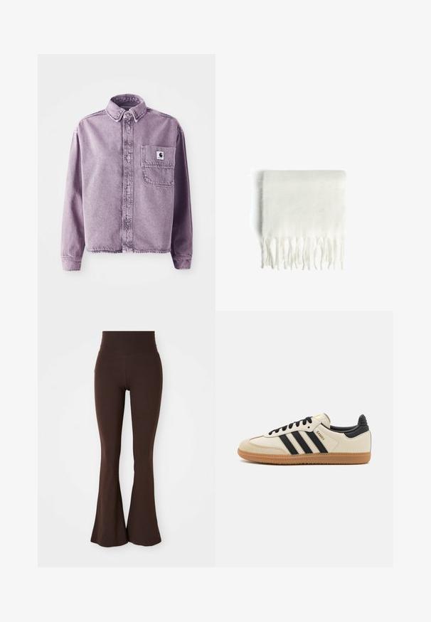 Lila Denim-Hemd mit langen Ärmeln, Knopfleiste auf der Vorderseite, Kragen und einer linken Brusttasche mit einem Markenlogo-Patch. Strukturierter Stoff.; Weißes Langarmoberteil mit Rundhalsausschnitt. Hat ein enganliegendes Design, eine glatte Stoffoberfläche und einen leicht gekürzten Saum.; Braune ausgestellte Leggings aus weichem, dehnbarem Stoff, mit einem hohen Bund und einer angepassten Silhouette, die am Knöchel ausgestellt ist.; Beige Sport Schuh mit schwarzen Streifen, Gummisohle und schwarzen Akzenten. Verfügt über ein Obermaterial aus glattem Leder und ein rundes Zehendesign.; Weiße Fleece-Schal mit fransigen Kanten, weicher Textur und rechteckiger Form. Eignet sich zum Schichten und bietet Wärme.