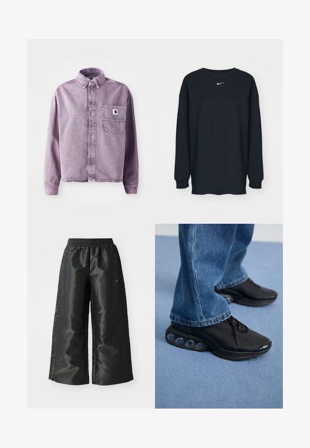 Lilla teksashirt pikkade varrukatega, nööbid ette, krae ja vasakul rinnal tasku, millel on brändi logo latter. Tekstuuriga kangas.; Must have pikkade varrukatega must T-särk, mis on valmistatud puuvillast ja millel on ümar kaelus. Rinnal on valge Nike logo. Pehme tekstuur, lihtne disain.; Mustad mustad sportsipüksid läikiva, siledaga kangaga, pa elastse vöökoha, laia sääre ja väikese logoga vasakul küljel.; Mustad mustandid jooksujalatsid, millel on võrkmaterjalist ülemine osa, tekstuuriga detailid ja nähtavad õhkpadjad tallas. Kandmine siniste teksadega.