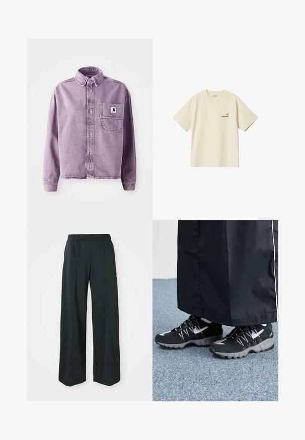 Paarse denimshirt met lange mouwen, knoopsluiting aan de voorkant, kraag en een linkse borstzak met een merklogo patch. Gelaagde stof.; Crème-kleurig katoenen T-shirt met korte mouwen en een ronde hals. Heeft een klein Carhartt-logo in oranje op de linkerborst.; Zwarte, wijde sportbroek met een elastische tailleband. Gemaakt van gladde, rekbare stof, met subtiele voornaden en zonder zakken.; Zwarte atletische schoenen met een gestructureerde bovenkant, zilveren accenten en een gestippelde loopzool, gecombineerd met een zwart lang kledingstuk. Geplaatst op een blauwe vloerbedekking.
