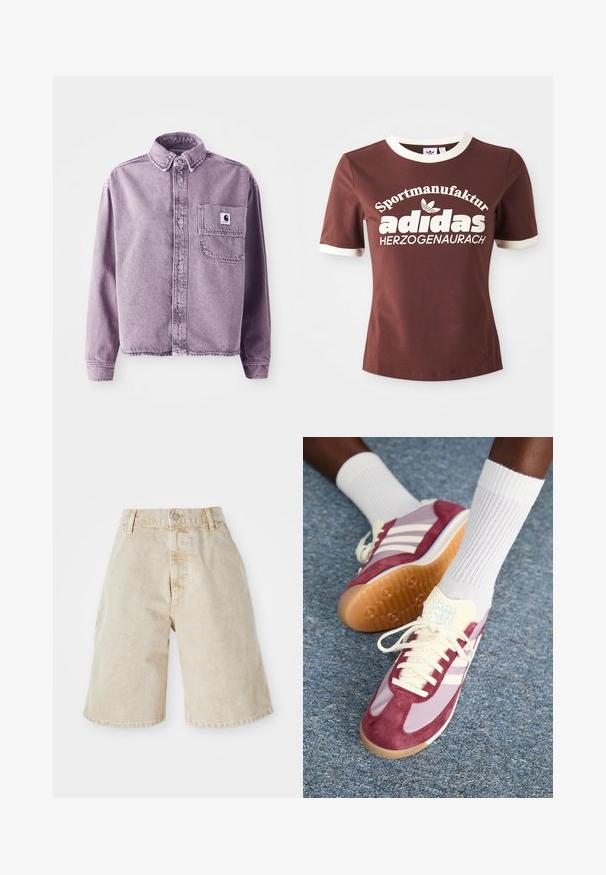 Fialová denimová košeľa s dlhým rukávom, zapínanie na gombíky vpredu, golier a ľavá náprsní kapsa s nášivkou loga značky. Textúrovaná tkanina.; Hnedé tričko s krátkym rukávom a krémovým golierom a manžetami. Obsahuje veľký biely nápis "Sportmanufactur adidas Herzogenaurach."; Bežové deninové šortky s vysokým pásom, zapínaním na gombík a prednými vreckami. Majú uvoľnený, voľný strih a mierne oškreté okraje. ; Tenisky s marónovo-červeným zamakom a svetlofialovým dizajnom, s tromi bielymi pruhmi, smotanovými šnúrkami a textúrovaným žltým jazykom. Gumená podrážka.