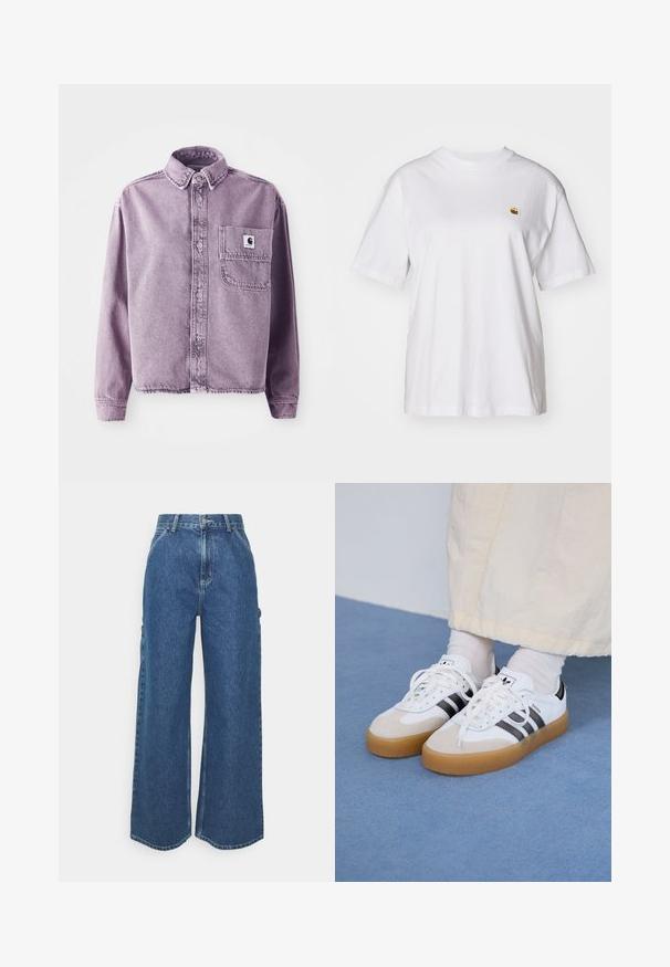 Lila farmering hosszú ujjakkal, gombos elülső résszel, gallérral és a bal mellkason lévő zsebbel, amelyen márka logo folt található. Texturált anyag.; Fehér pamut póló laza szabással, rövid ujjakkal és egy kis hímzett logóval a bal mellrészén.; Széles szárú, kék farmernadrág magas derékkal, kontrasztos varrással és oldalsó zsebekkel, klasszikus öt zsebes kialakítással és nyers szegéllyel.; Fehér sportcipő fekete csíkokkal és bézs velúr részletekkel. Texturált gumi talppal és lapos fehér fűzőkkel rendelkezik, világos színű zoknival viselve.