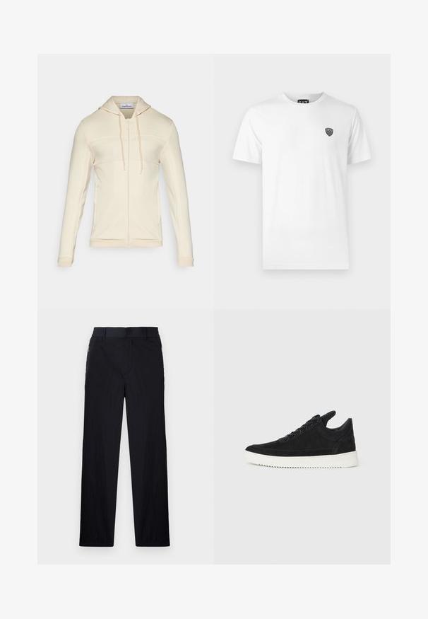 Sergio Tacchini MAJONG - Verryttelytakki - wood ash; Valkoinen puuvillapaita lyhyillä hihoilla, jossa on pieni musta logo vasemmassa rintapielessä. Klassinen pyöreä kaula-aukko.; Mustat housut, joissa on kevyt, teksturoitu kangas, suora lahje, joustava vyötärö ja sivuvetoketjupussit.; Mustat mokkasiinikenkiä valkoisella kumipohjalla, jossa on sävy sävyyn ompelu ja nauhakiinnitys. Sujuva pinta ja moderni, virtaviivainen muoto.