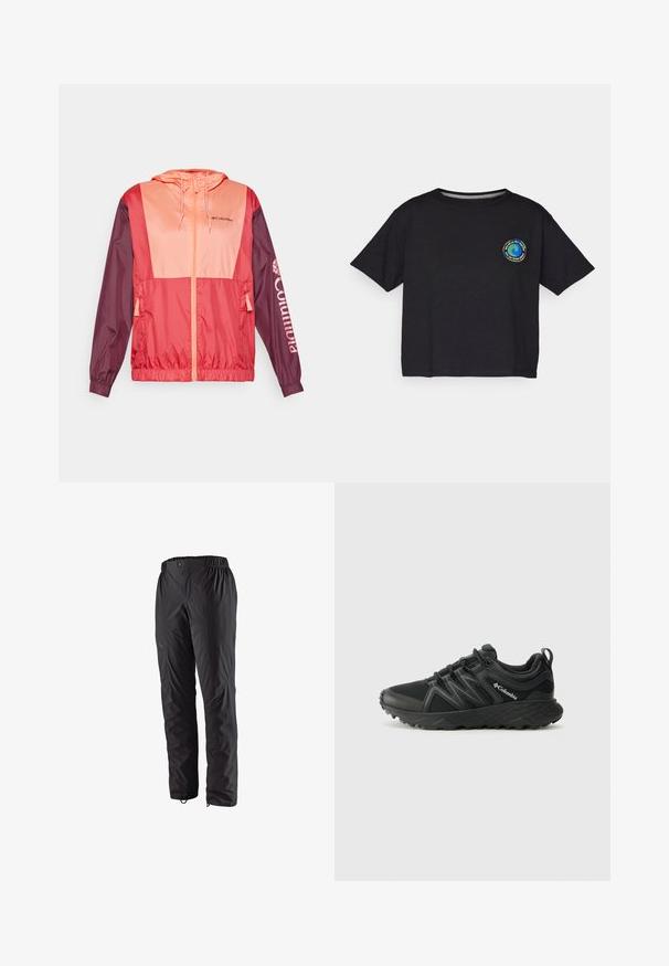Sarkans un rozā krāsā sadalītā viegla jaka ar kapuci, ar rāvējslēdzēju, elastīgām piedurknēm un Columbia logotipu uz piedurknes.; Melnas kokvilnas T-krekls ar īsām piedurknēm, kuram uz krūtīm ir apaļa krāsaina emblēma. Taisnā apakšmalā un brīvā piegriezumā.; Melnas ūdensizturīgas bikses ar elastīgu jostasvietu, sānu rāvējslēdzēju kabatām, sašaurinātām kājām un gludu tekstūru. Piemērotas āra aktivitātēm.; Columbia PEAKFREAK - Pārgājienu apavi - black