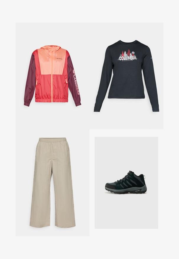 Punane ja roosa värviplokkidega kerge jakk kapuutsiga, lukuga kinnitamine, elastsed mansetid ja Columbia logo trükitud varrukal.; Pikend varrukatega tumehall särk, millel on punaste puude ja mägede graafika; "COLUMBIA" logo julge valge tekstiga. Pehme kangas, tavaline ümmargune kaelus.; Laiad püksid hebedas beežis kangas, elastse vöökohtaga, sileda tekstuuriga ning ilma nähtavate metalldetailide või mustriteta.; Columbia REDMOND - Matkajalatsid - black/citron haze