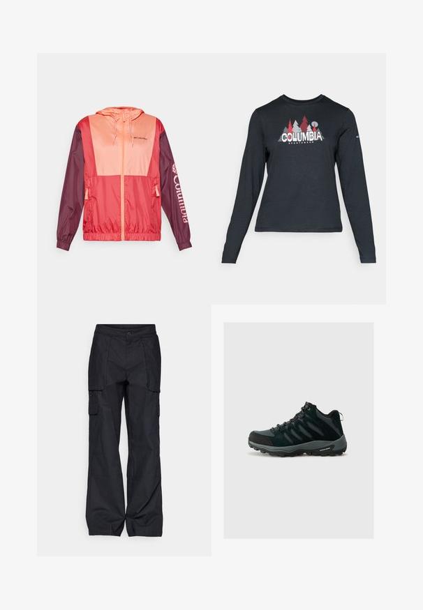 Lehká bunda s kapucí, kombinovaná červenou a růžovou barvou, se zipem, elastickými manžetami a logem Columbia potisknutým na rukávu.; Tmavě šedá dlouhá košile s grafikou červených stromů a hor; logo "COLUMBIA" v tučném bílém písmu. Měkká tkanina, standardní kulatý výstřih.; Columbia BREA FALLS™ COTTON RIPSTOP PANT - Outdoorové kalhoty - black; Columbia REDMOND - Trekingové boty - black/citron haze