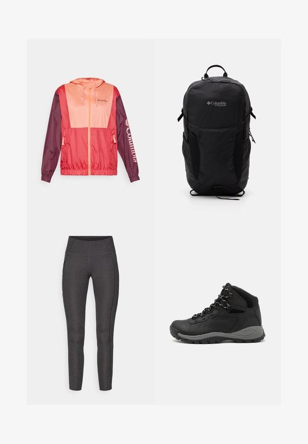 Red and pink color-blocked lightweight jacket with a hood, zip closure, elastic cuffs, and Columbia logo printed on sleeve.; Grey short-sleeve t-shirt made of soft, moisture-wicking fabric. Features a crew neck and a small white logo on the upper left.; High-waisted leggings in dark grey, made from textured fabric. Features a fitted design and side pockets for storage.; Black hiking boot with a mid-top design, featuring a textured upper, gray accents, and durable rubber sole with traction lugs.; Black Columbia Titanium backpack with a smooth fabric texture, side pockets, top handle, and adjustable straps. Minimalist design with subtle branding.