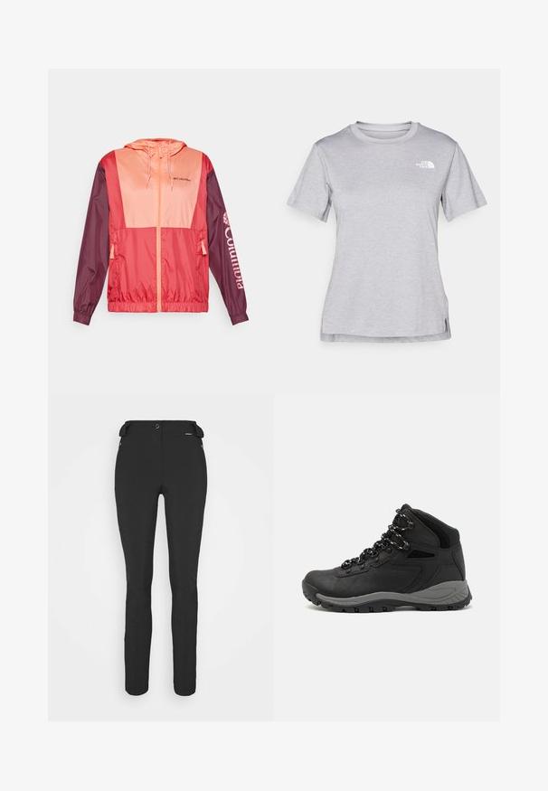 Let og farverig jakke i rød og pink med hætte, lynlås lukning, elastiske cuffs og Columbia-logo trykt på ærmet.; Grå kortærmet T-shirt lavet af blødt, fugttransporterende materiale. Har en rund hals og et lille hvidt logo øverst til venstre.; Sorte, tætsiddende bukser lavet af et fleksibelt materiale. Funktioner inkluderer en lynlåslomme i siden, artikulerede knæ og en glat tekstur.; Sort vandrestøvle med en mellem-højde design, der har en tekstureret overdel, grå detaljer og en holdbar gummisål med skridsikre klodser.