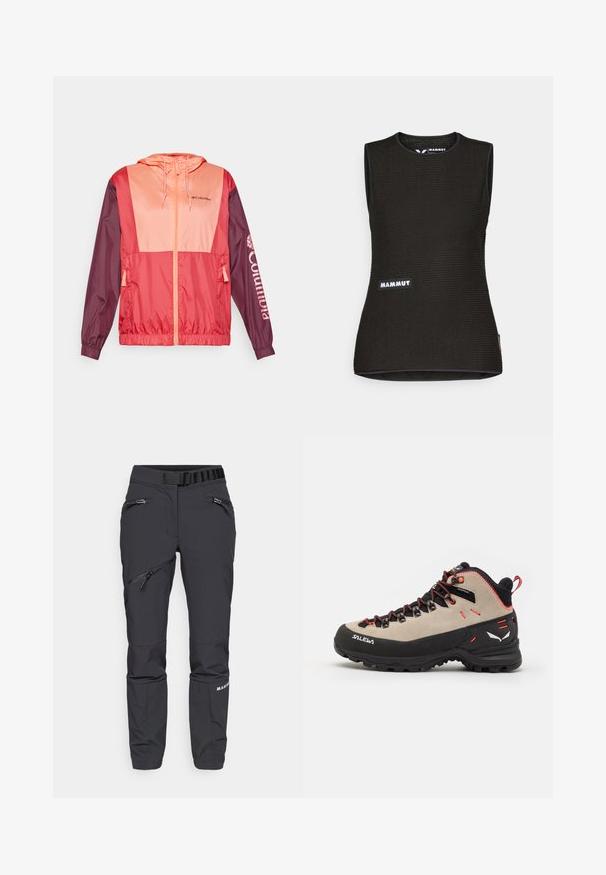 Giacca leggera colorata in blocchi di rosso e rosa con cappuccio, chiusura con zip, polsini elasticizzati e logo Columbia stampato sulla manica.; Canottiera nera senza maniche con un motivo texturizzato, caratterizzata da un colletto rotondo e un logo "MAMMUT" sul davanti. Realizzata in materiale traspirante.; Pantaloni soft shell neri con una vestibilità slim, tasche con zip, vita elasticizzata e pannelli testurizzati nella parte inferiore delle gambe. Materiale resistente per uso all'aperto.; Scarponi da trekking da uomo con tomaia in suede beige, suola in gomma nera, dettagli rossi e design con lacci per una vestibilità sicura.