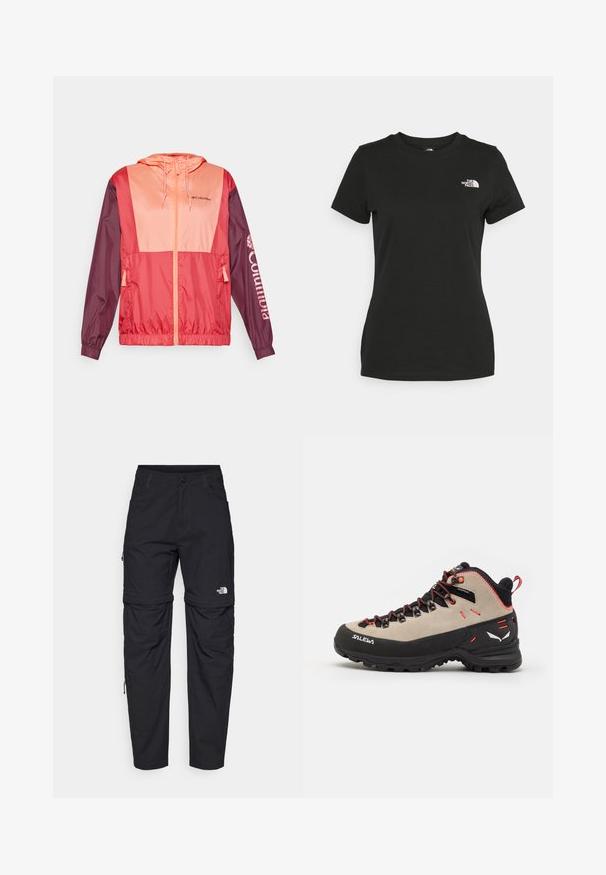 Red and pink color-blocked lightweight jacket with a hood, zip closure, elastic cuffs, and Columbia logo printed on sleeve.; Black cotton t-shirt featuring a crew neckline and short sleeves. Notable white logo on the upper left side. Smooth texture, casual fit.; Black zip-off trousers made of lightweight fabric. Features include a button closure, pockets, and the "The North Face" logo on the leg.; Men’s hiking boots featuring a beige suede upper, black rubber sole, red accents, and a lace-up design for secure fit.