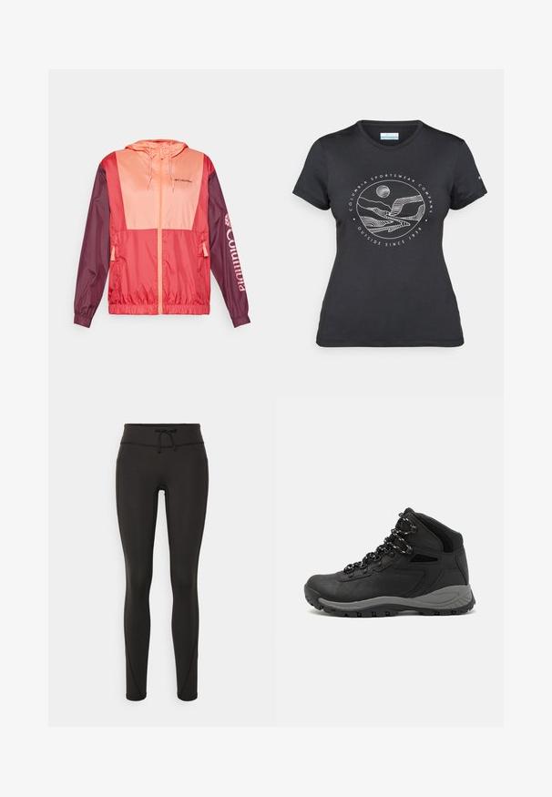 Chaqueta ligera en bloques de color rojo y rosa con capucha, cierre de cremallera, puños elásticos y logo de Columbia impreso en la manga.; Camiseta negra de Columbia con un arte lineal circular de montaña y río en blanco y el texto "Columbia Sportswear Company Fuera desde 1938."; Leggings negros con cintura alta, cordón, textura suave y diseño ajustado. Presenta detalles de costura a lo largo de los laterales.; Bota de senderismo negra con un diseño de medio caña, que cuenta con una parte superior texturizada, acentos grises y una suela de goma duradera con tacos de tracción.