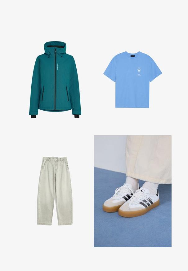 Teal O'Neill jakna s sprednjim zippom, nastavljivo kapuco in črnimi žepi z zippom. Tekstilirana tkanina s kontrastnimi barvnimi dodatki.; Svetlo modra bombažna majica s krožnim izrezom. Na levi strani prsnega dela ima belo grafiko palme in besedilo. Kratke rokave.; Svetlo sivi traper hlače visoko nenosljivo pasom, z gumbom in zadrgo na sprednji strani, s poševnimi stranskimi žepi in širokimi ravnimi nogami.; Bele tene škornje s črnimi črtami in bež usnjenimi detajli. Imajo teksturirano gumijasto podplat in ravne bele vezalke, nosijo se z svetlimi nogavicami.