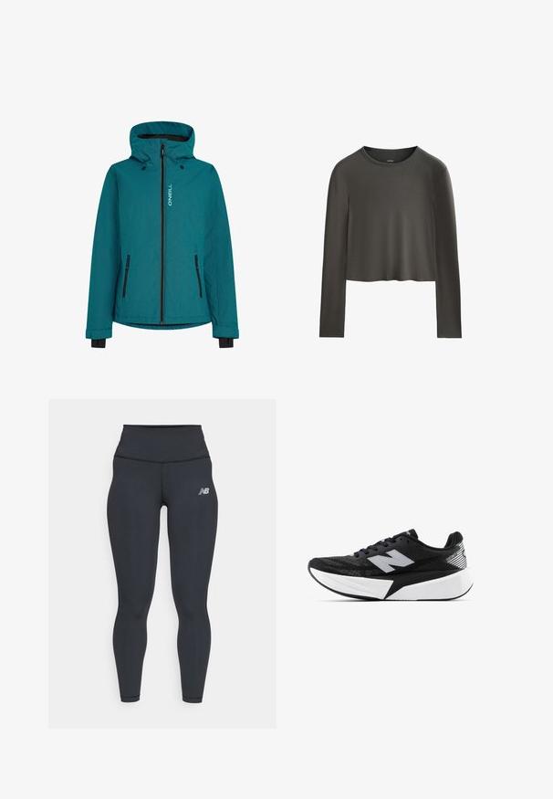 Teal O'Neill-Jacke mit durchgehendem Reißverschluss, verstellbarem Kapuze und schwarzen Reißverschlusstaschen. Strukturiertes Material mit kontrastierenden Farbakzenten.; Dunkelgraues langärmliges, cropped Shirt mit Rundhalsausschnitt, minimaler Nahtverarbeitung und einer einfachen, glatten Stofftextur.; Schwarze Sportleggings mit hohem Bund, die über eine glatte Textur und ein kleines weißes New Balance-Logo am Oberschenkel verfügt.; Schwarzer und weißer New Balance Laufschuh mit dicker Sohle, Mesh-Obermaterial und "N"-Logo an der Seite, von der Außenseite betrachtet.