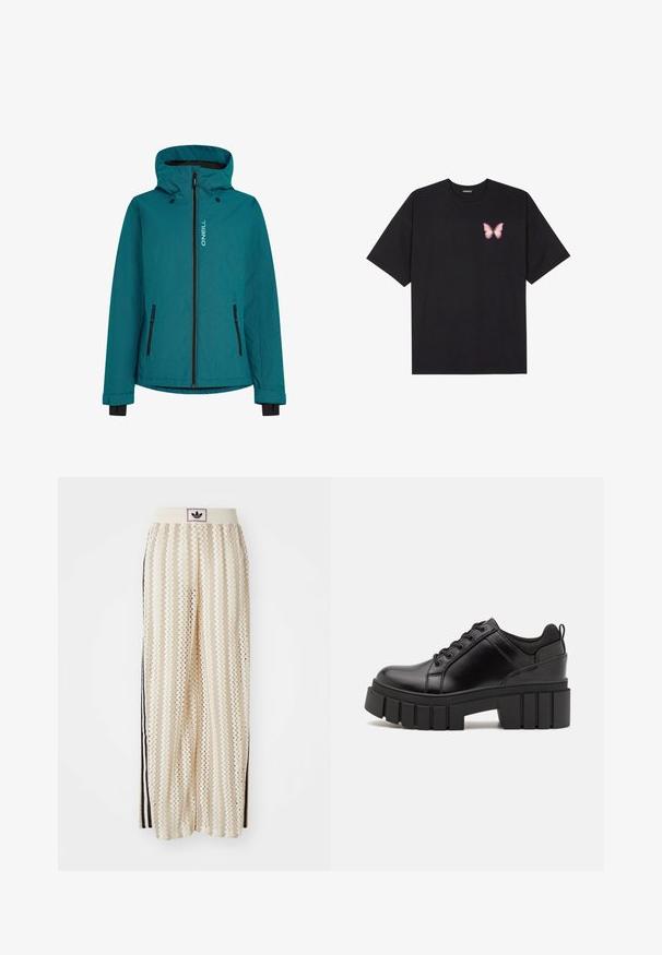 Veste teal O'Neill avec fermeture éclair sur le devant, capuche réglable et poches zippées noires. Tissu texturé avec des accents de couleur contrastants.; T-shirt en coton noir à manches courtes, avec un petit graphique de papillon rose sur la poitrine gauche. Modèle à col rond avec une coupe décontractée.; Pantalons larges crème avec un motif en zigzag, dotés d'une ceinture logo noire et de bandes noires sur les côtés. Tissu léger et texturé.; Chaussures à plateforme en cuir noir avec un talon bloc épais, bout rond et un design traditionnel à lacets. Elles présentent une texture lisse et un détail minimal.