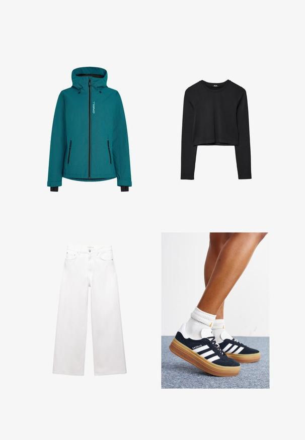 Teal O'Neill jas met een rits aan de voorkant, verstelbare capuchon en zwarte ritszakken. Gegoten stof met contrasterende kleuraccenten.; Zwarte lange mouwen cropped top met ronde halslijn, eenvoudige ontwerp en een licht gebogen zoom.; Witte wijde jeans van katoen, met een hoge taille, vijf-pocket ontwerp en koperen hardware accenten. Glad, niet-gedistressed textuur.; Zwarte suède sneakers met witte strepen en accenten, ronde neus, gum rubberen buitenzool, gecombineerd met witte geribbelde crewkousen.