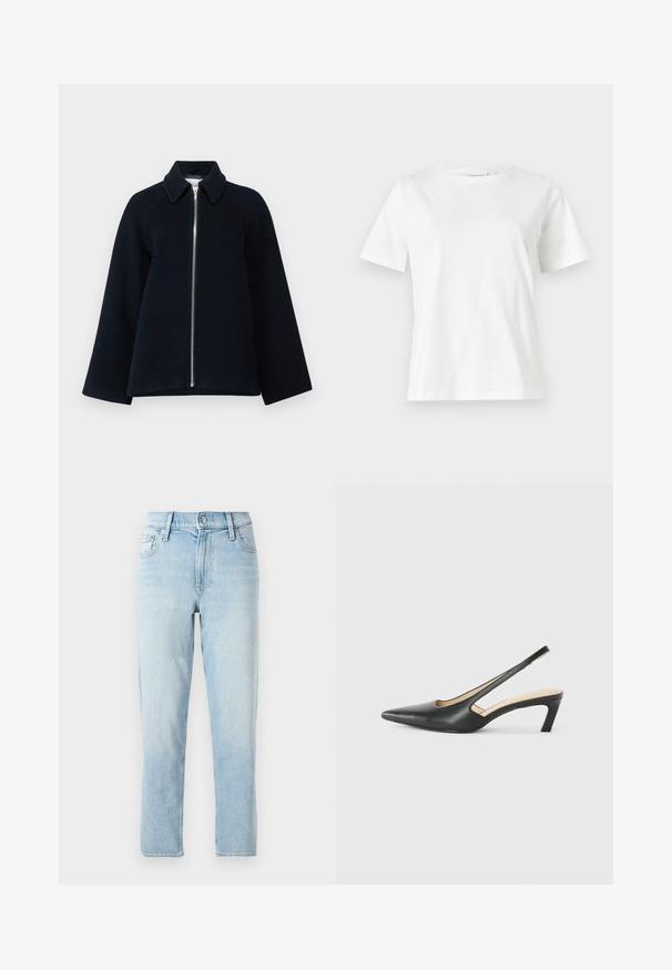 Samsøe Samsøe ALMA JACKET - Rövid kabát - outer space; Fehér pamut póló rövid ujjakkal, kerek nyakkivágással és laza szabással. Sima textúra, nincsenek minták vagy díszítések, minimalista dizájn.; Világoskék farmernadrág, egyenes szárú dizájn, közepes derékkal, öt zsebes stílusban és elöl gombos zárással.; Fekete, hegyes orrú, slingback cipő alacsony sarkával, sima bőrből készült, oldalt kivágott deisgnal a légáteresztőképesség érdekében.