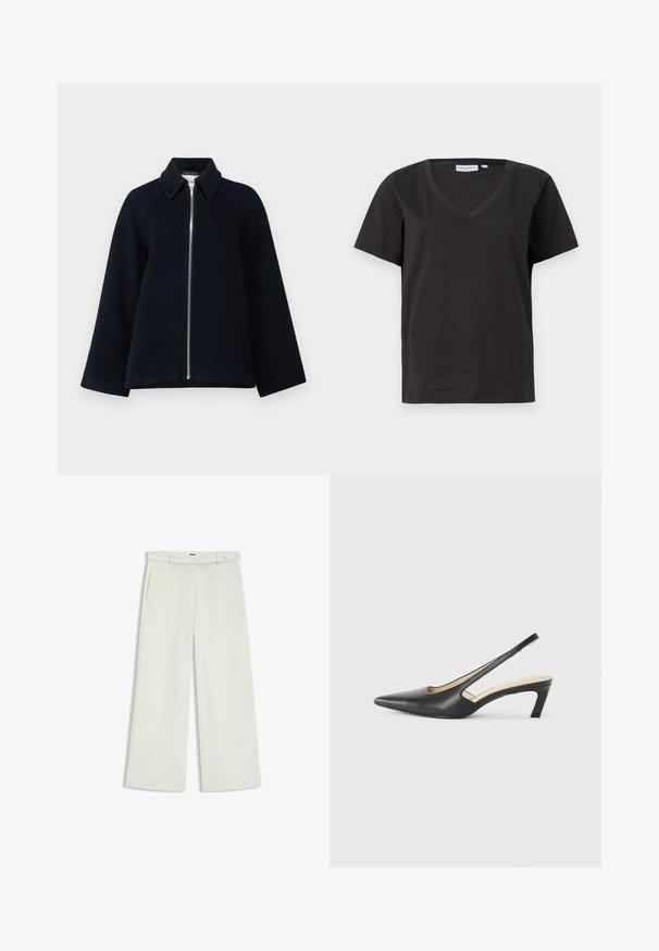 Samsøe Samsøe ALMA JACKET - Halflange jas - outer space; Zwarte katoenen T-shirt met een V-hals en korte mouwen. Eenvoudig ontwerp met een regular fit en zonder patronen of accenten.; Wijde broek in licht crèmekleurige stof, met zijzakken, een platte voorkant en een enkele knoopsluiting bij de taille. Glad van textuur.; Zwarte puntige slingback schoen met een lage hak, gemaakt van soepel leer en voorzien van een uitsnede aan de zijkant voor ventilatie.