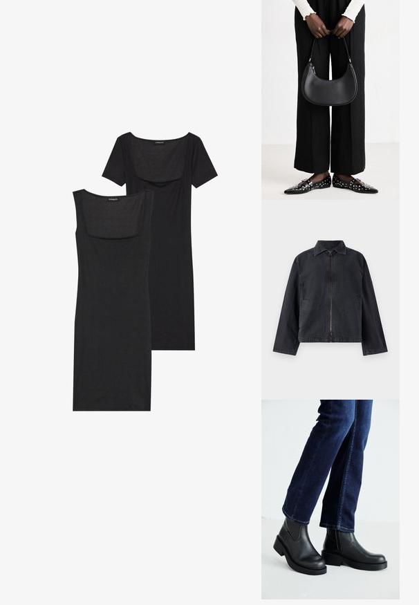 Chaqueta de mezclilla negra con cierre en la parte delantera, cuello puntiagudo, mangas largas y bolsillos laterales; presenta un ajuste relajado y una textura sutil.; Vestido negro ajustado con escote cuadrado, mangas cortas y textura acanalada. Se muestran dos variaciones: tonos negro claro y negro más intenso.; Botas de tobillo de cuero negro con suela gruesa y paneles elásticos laterales, combinadas con jeans azul oscuro. El suelo es de color claro.; Bolso de hombro de cuero negro con forma redondeada, acabado brillante y herrajes plateados. Persona vistiendo pantalones anchos negros y mocasines con tachuelas.
