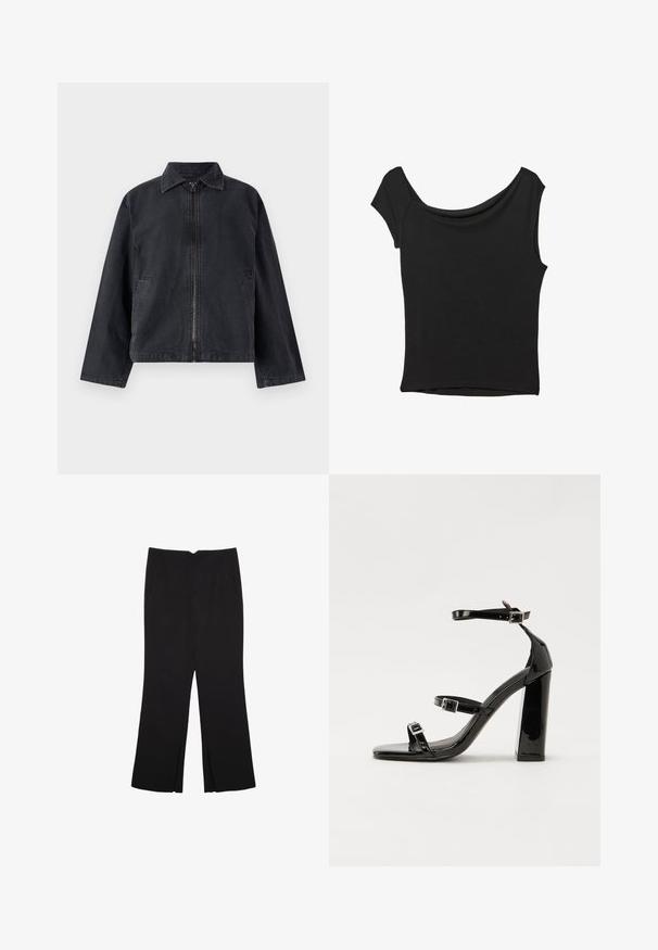 Schwarze Jeansjacke mit Reißverschluss vorne, spitzem Kragen, langen Ärmeln und seitlichen Taschen; hat eine lockere Passform und eine subtile Textur.; Schwarzes Kurzarmoberteil aus glattem Stoff; hat einen drapierten Ausschnitt und einen asymmetrischen Saum, mit einem figurbetonten Körper.; Schwarze Hose mit geradem Schnitt, ausgestattet mit Fronttaschen und Seitenschlitzen am Saum. Hergestellt aus weichem, glattem Stoff. Geeignet für verschiedene Anlässe.; Schwarze patentierte Sandalen mit Absatz, quadratischer Spitze, Knöchelriemen und silbernen Schnallen. Mit einem stabilen Blockabsatz für mehr Stabilität.