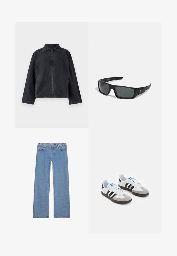 Giacca in denim nero con zip frontale, colletto a punta, maniche lunghe e tasche laterali; presenta una vestibilità rilassata e una texture sottile.; Due magliette a maniche lunghe: una nera e una bianca. Entrambe presentano un collo rotondo e una texture liscia e a coste. Etichetta del marchio visibile all'interno del collo.; Jeans larghi di colore azzurro chiaro, realizzati in denim, dotati di un design a cinque tasche, chiusura con bottone e dettagli cuciti lungo le cuciture e gli orli.; Scarpe sportive con tomaia in pelle bianca, punta in suede grigia e tre strisce nere. Presentano un logo blu sulla linguetta e una suola in gomma testurizzata.; Occhiali da sole neri con montatura rettangolare, lenti grigie scure e finitura in plastica liscia. Accento del logo significativo sul lato.; Borsa a spalla nera in nylon con forma curvata, accentata da una catena argentata, con pochette mini removibile e tracolla regolabile; presenta il logo "Steve Madden".