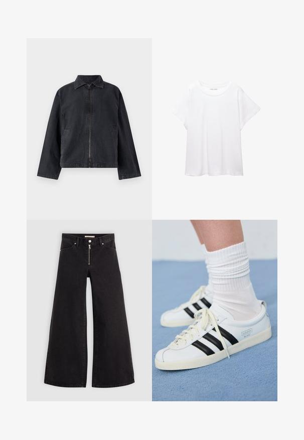 Zwarte spijkerjas met ritssluiting aan de voorkant, puntige kraag, lange mouwen en zijzakken; heeft een losse pasvorm en subtiele textuur.; Witte T-shirt van zacht, lichtgewicht stof. Heeft een ronde halslijn en korte, brede mouwen met een ontspannen pasvorm. Geen zichtbare patronen.; Wijdvallende jeans van zwarte denim met een ritssluiting aan de voorkant, vijf zakken en subtiele stikdetails. Soepele textuur en casual stijl.; Witte leren sneakers met zwarte strepen, crèmekleurige zool en lichtkleurige veters. Draag met witte geribbelde sokken, gepositioneerd op een blauwe achtergrond.
